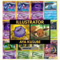 Aya Kusube illustrator binder pages set showing unique Pokémon card artworks in grayscale and color, designed as a digital download to complete a collector’s binder.