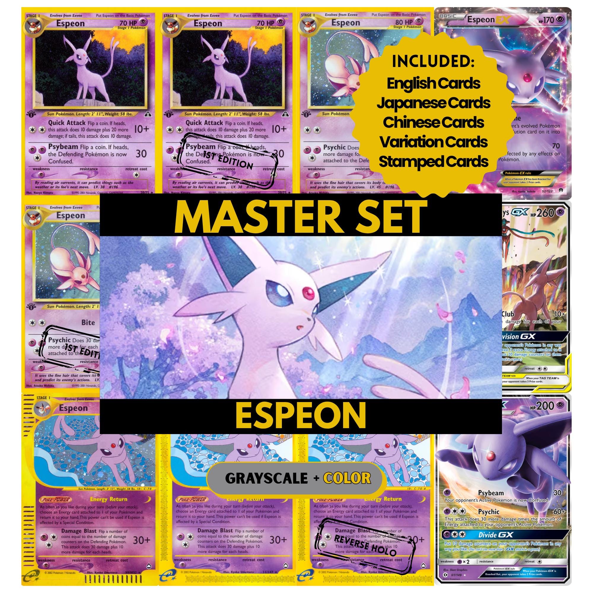 Espeon binder pages set showing grayscale and color Pokémon cards, designed as a digital download to complete a collector’s binder.
