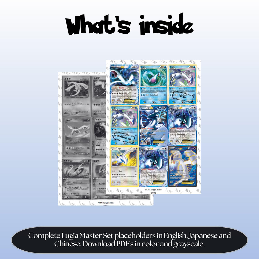 Lugia binder pages set showing grayscale and color Pokémon cards, designed as a digital download to complete a collector’s binder.