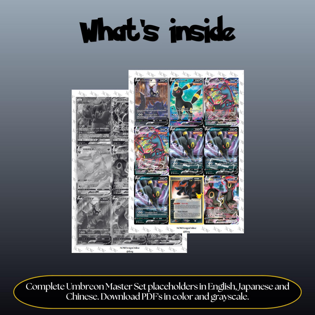 Umbreon binder pages set overview showing the included Pokémon cards to print and cut for your binder sleeves.
