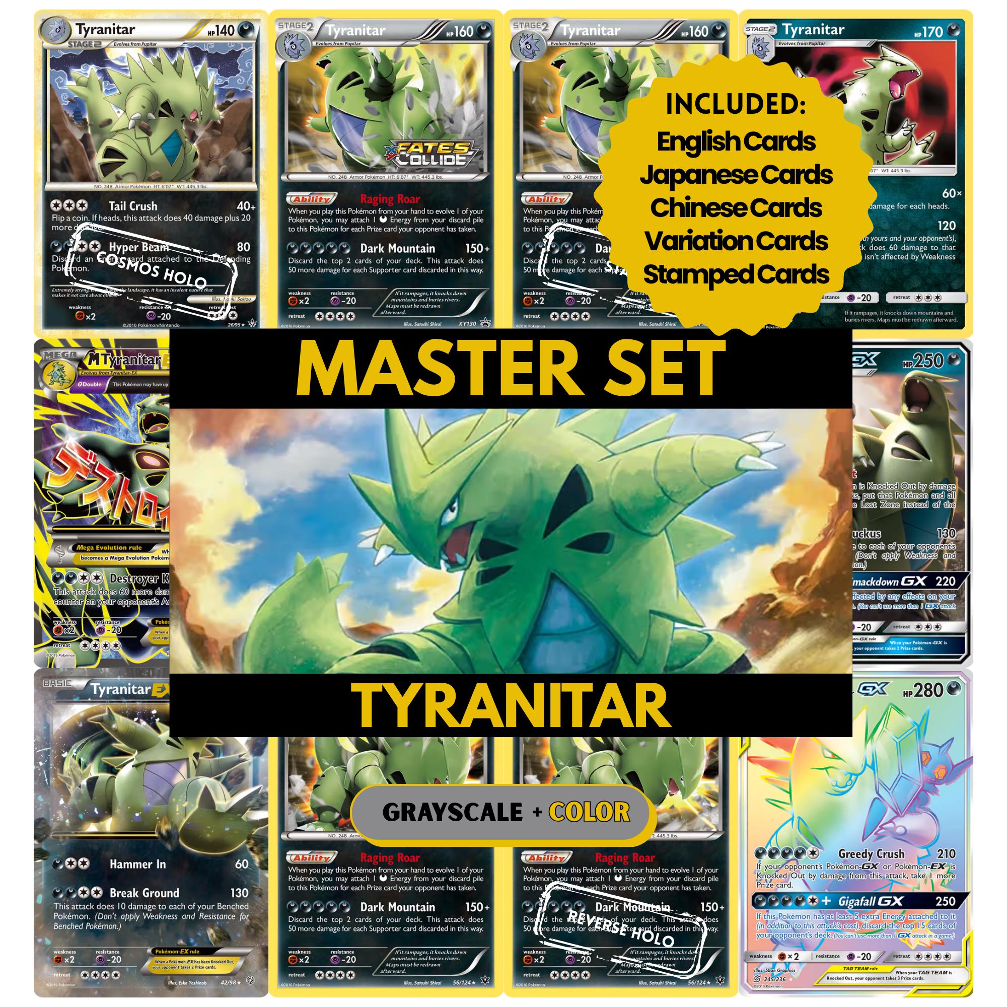 Tyranitar binder pages set showing grayscale and color Pokémon cards, designed as a digital download to complete a collector’s binder.