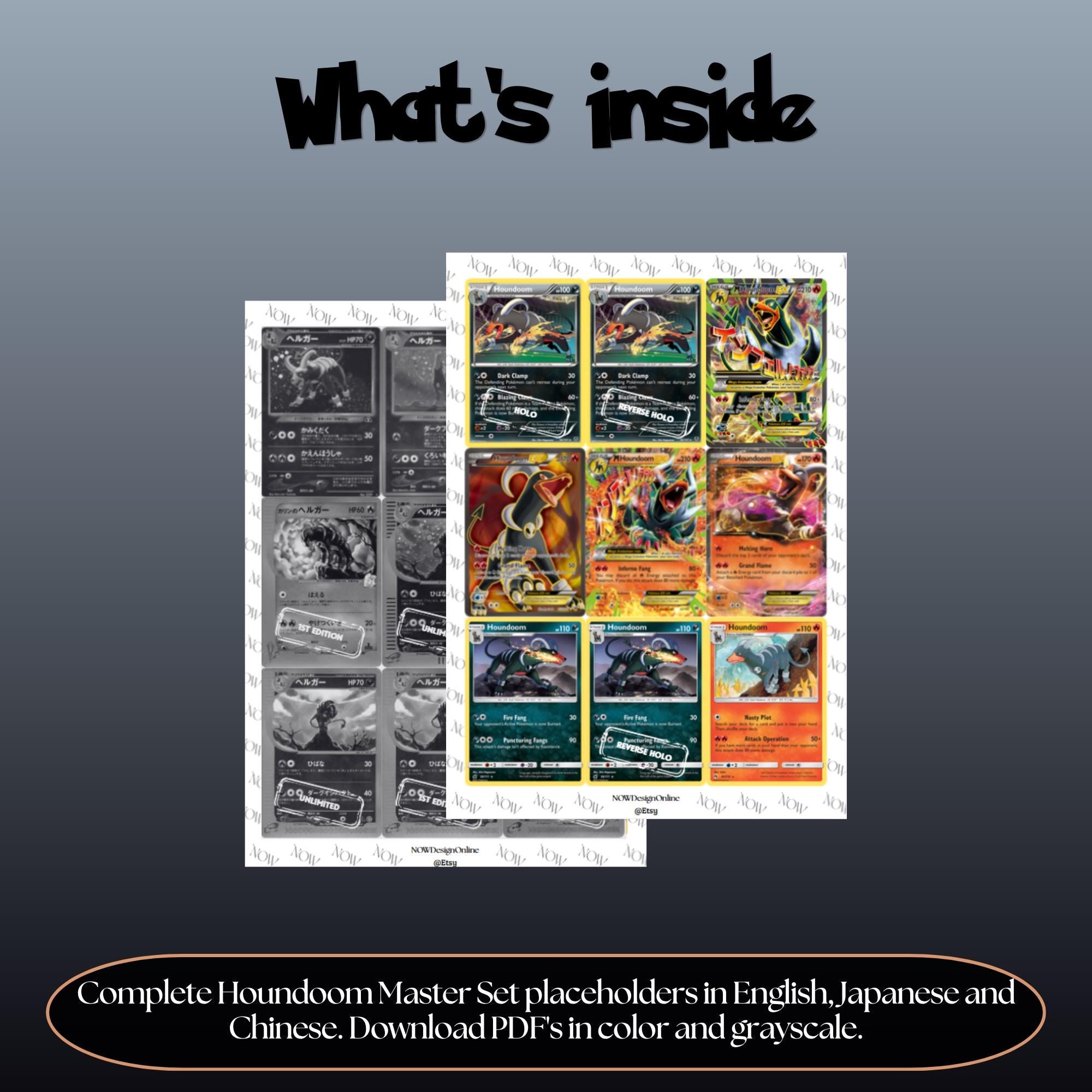 Houndoom binder pages set overview showing the included Pokémon cards to print and cut for your binder sleeves.