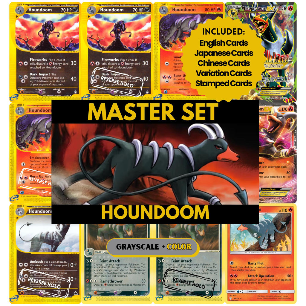 Houndoom binder pages set showing grayscale and color Pokémon cards, designed as a digital download to complete a collector’s binder.