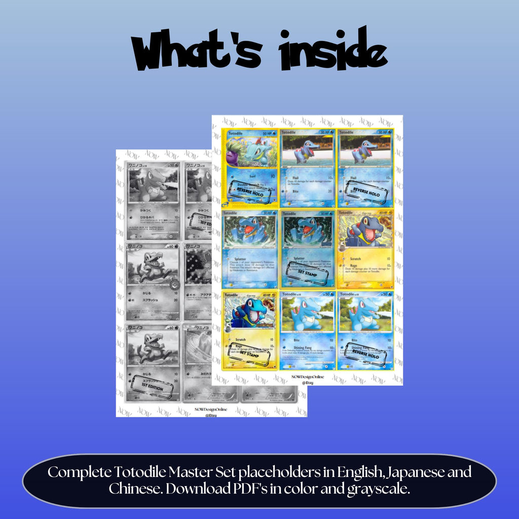 Totodile binder pages set overview showing the included Pokémon cards to print and cut for your binder sleeves.