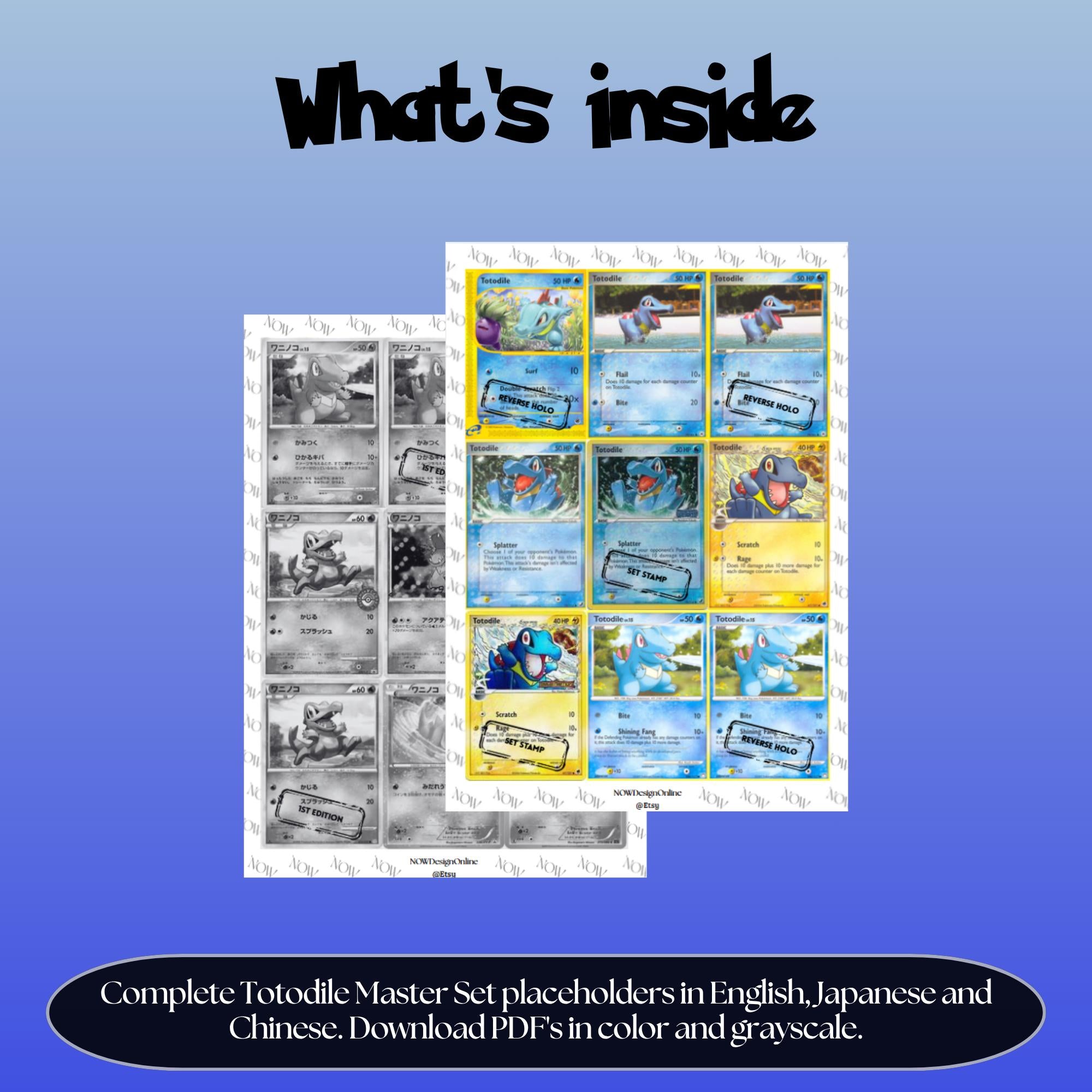Totodile binder pages set overview showing the included Pokémon cards to print and cut for your binder sleeves.