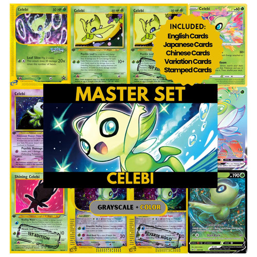 Celebi binder pages set showing grayscale and color Pokémon cards, designed as a digital download to complete a collector’s binder.