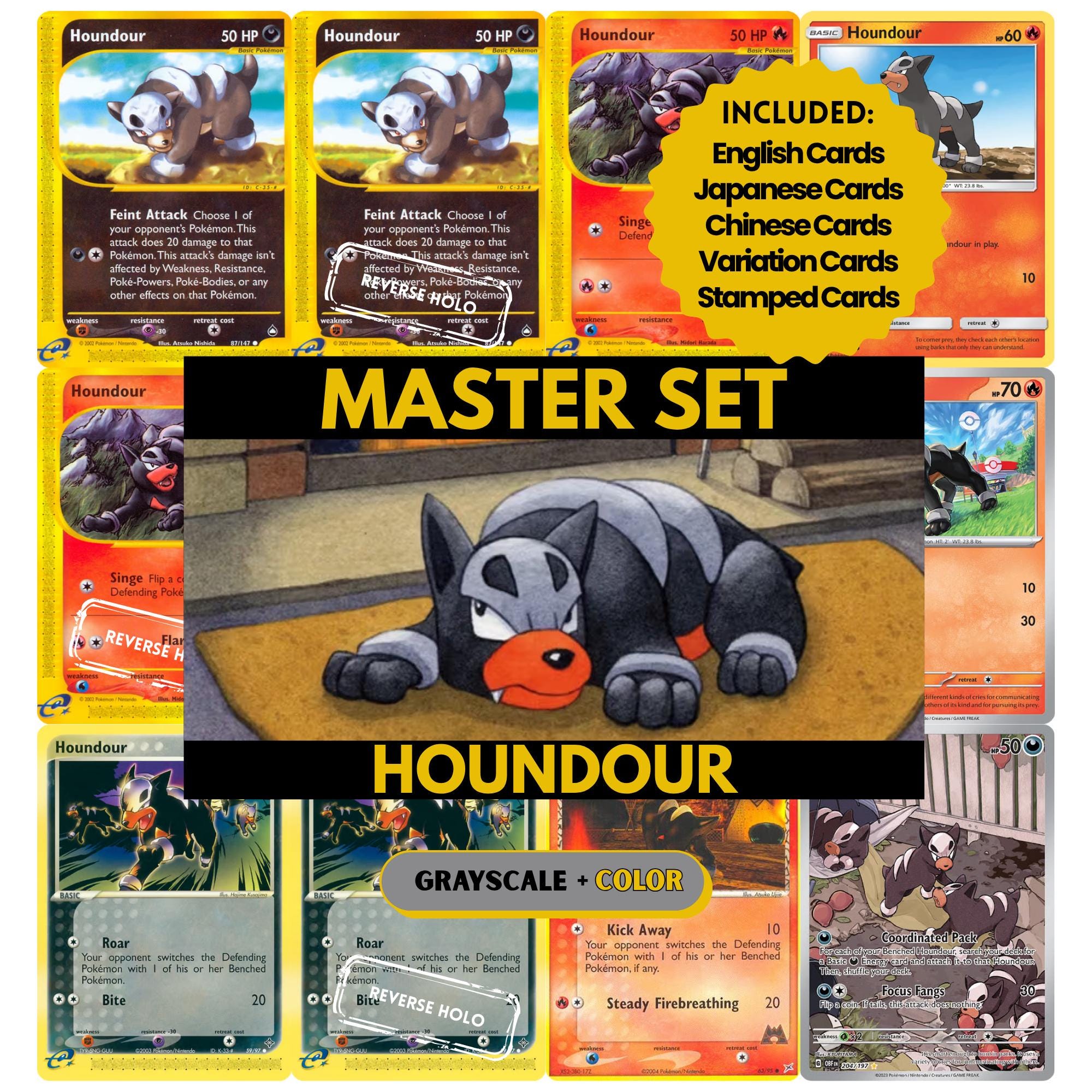 Houndour binder pages set showing grayscale and color Pokémon cards, designed as a digital download to complete a collector’s binder.