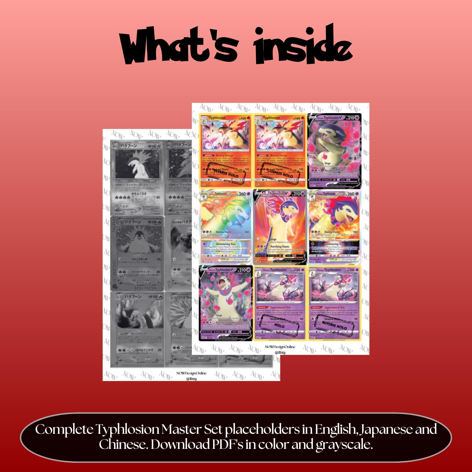 Typhlosion binder pages set overview showing the included Pokémon cards to print and cut for your binder sleeves.