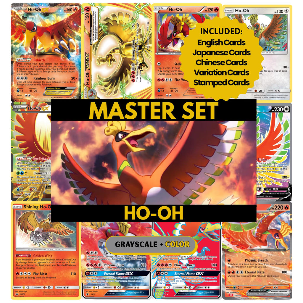 Ho-Oh binder pages set showing grayscale and color Pokémon cards, designed as a digital download to complete a collector’s binder.