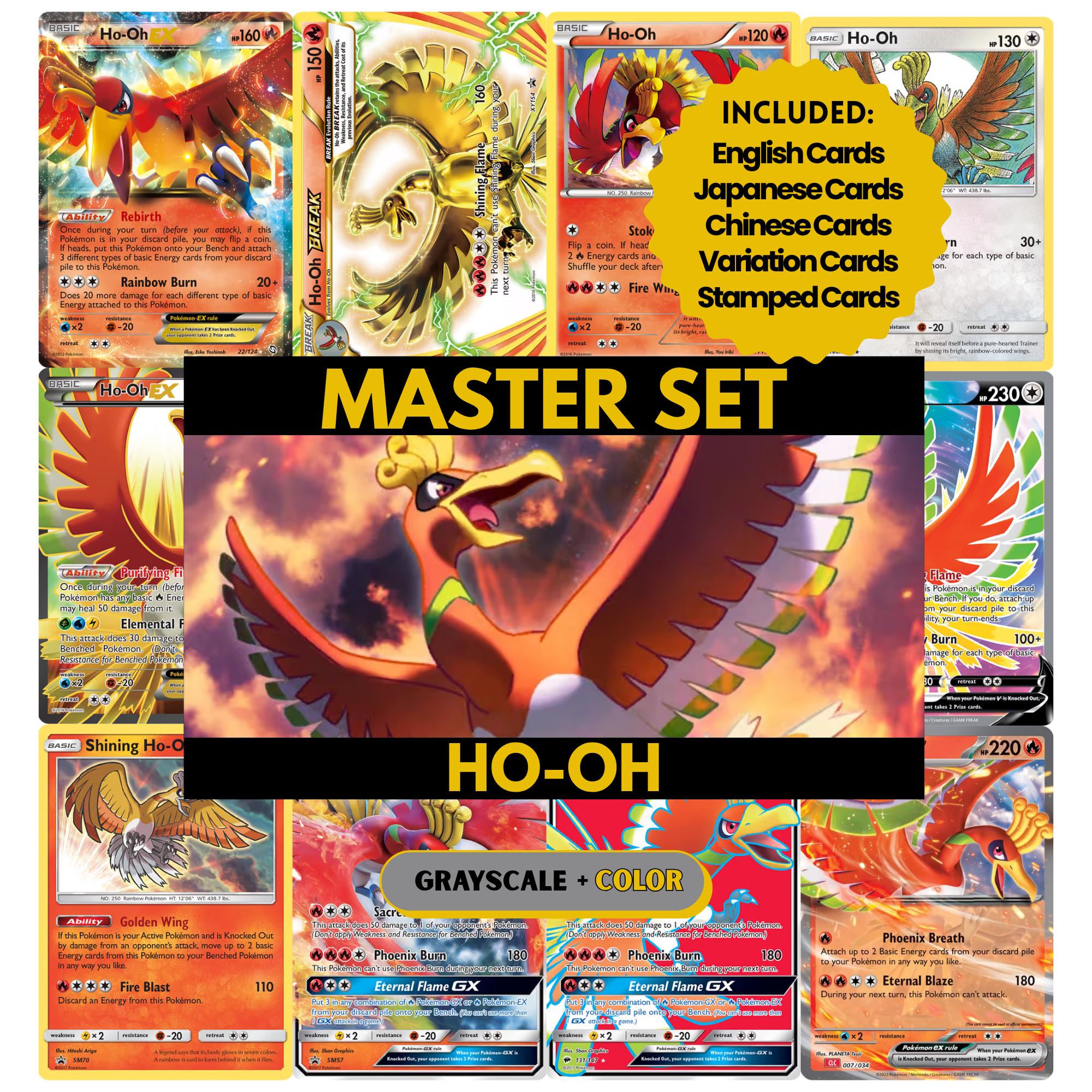 Ho-Oh binder pages set showing grayscale and color Pokémon cards, designed as a digital download to complete a collector’s binder.