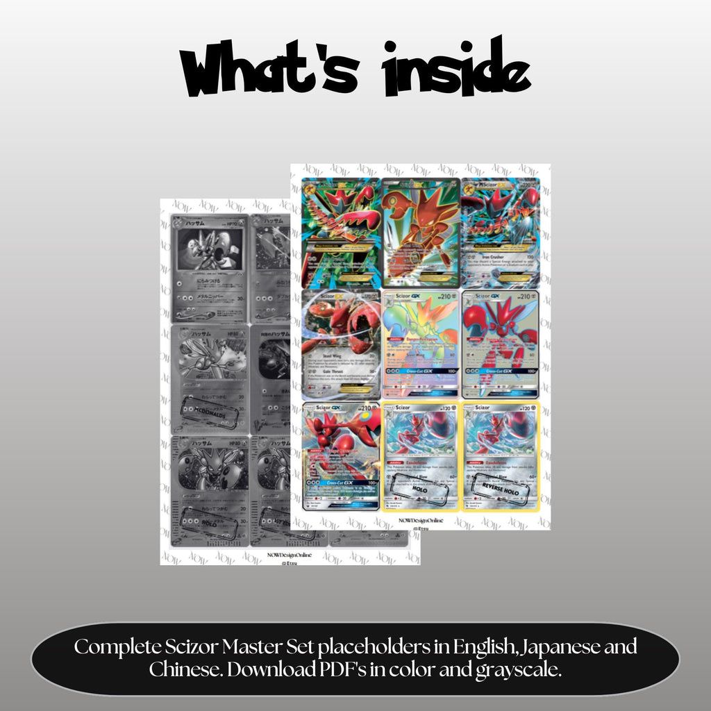 Scizor binder pages set overview showing the included Pokémon cards to print and cut for your binder sleeves.