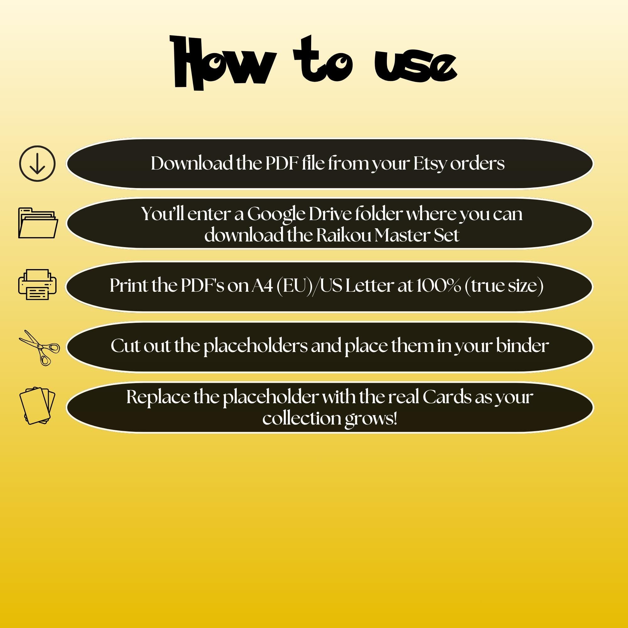 Raikou cards digital download instructions explaining how to print, cut, and place placeholders in a Pokémon binder.