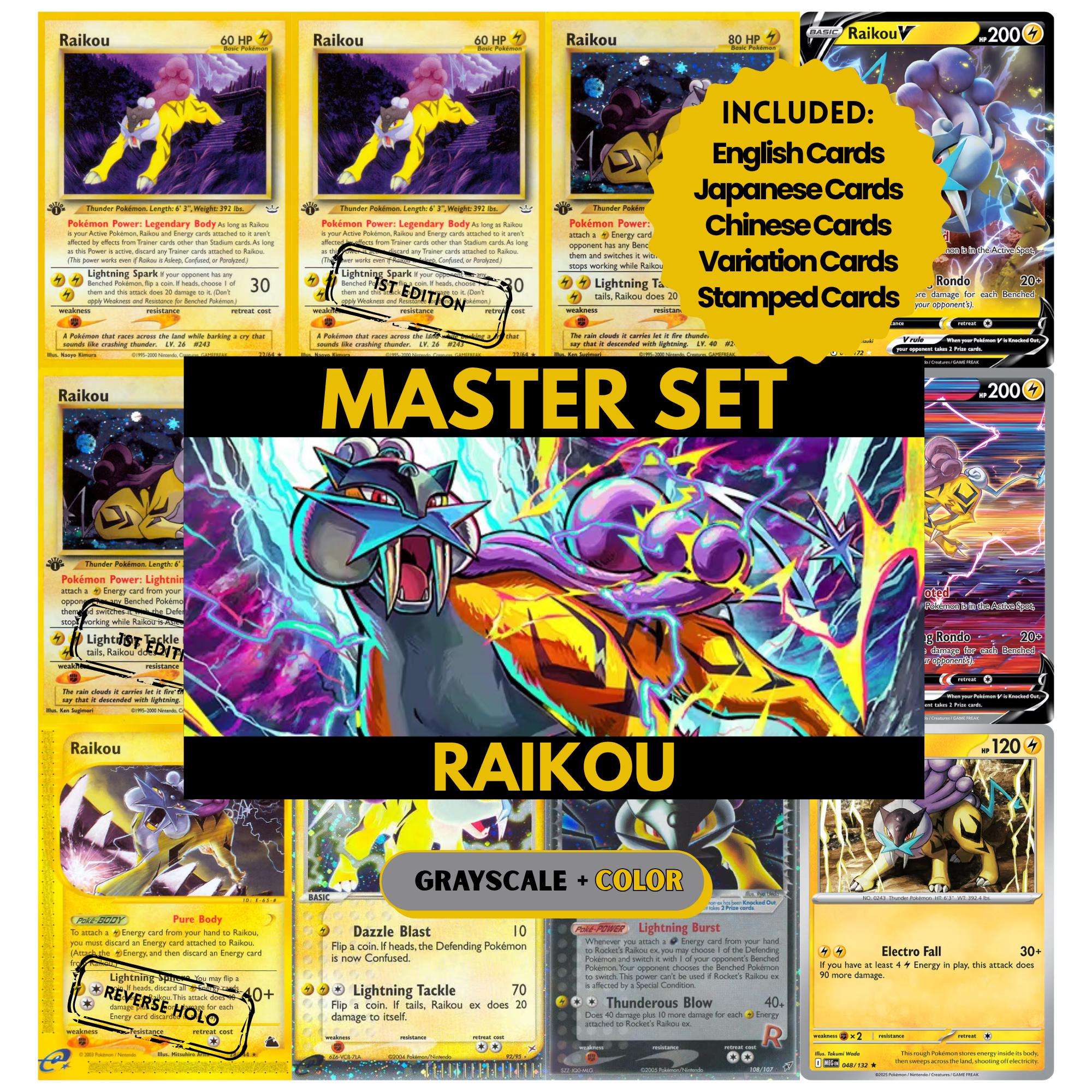Raikou binder pages set showing grayscale and color Pokémon cards, designed as a digital download to complete a collector’s binder.
