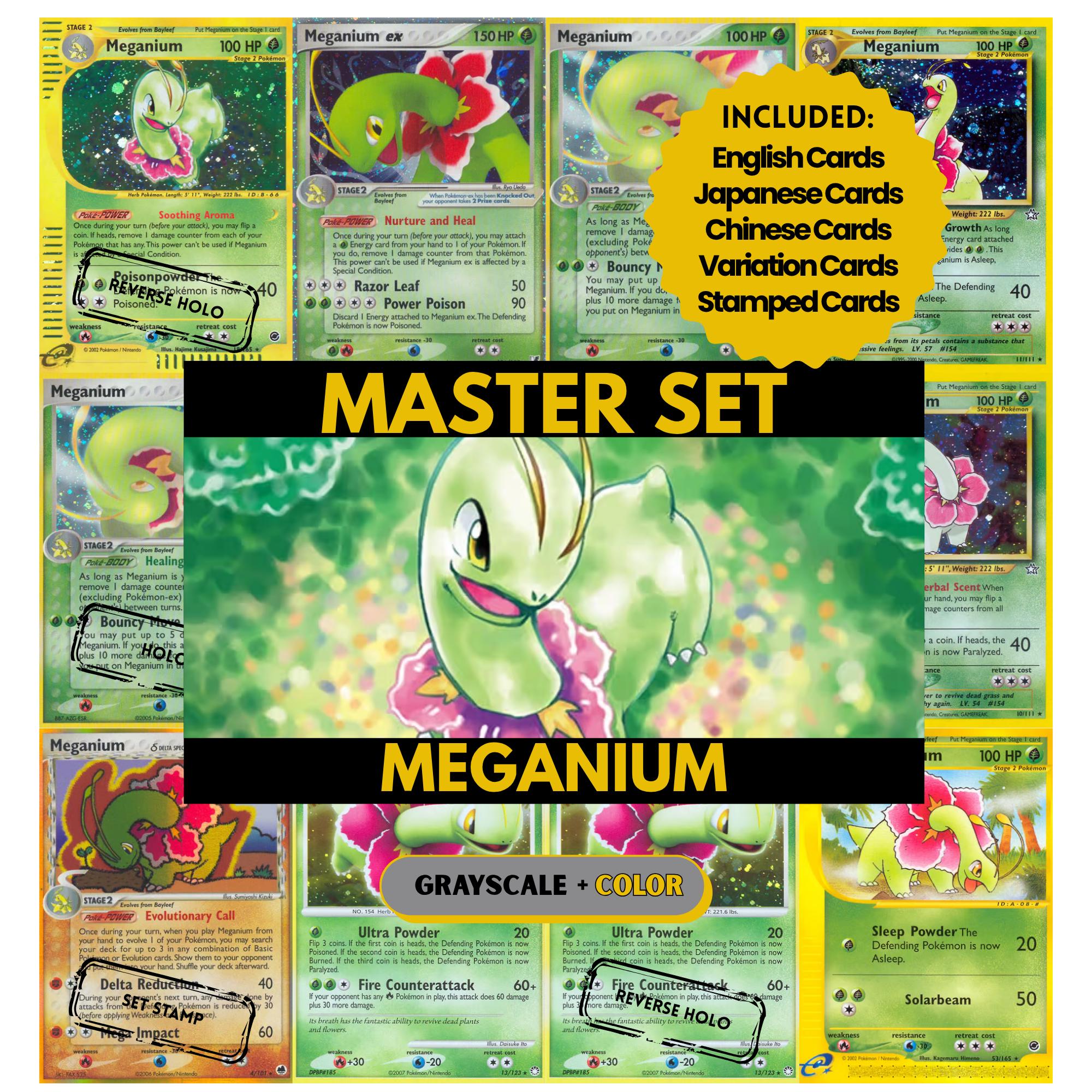Meganium binder pages set showing grayscale and color Pokémon cards, designed as a digital download to complete a collector’s binder.
