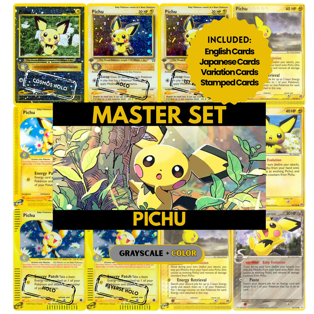 Pichu binder pages set showing grayscale and color Pokémon cards, designed as a digital download to complete a collector’s binder.