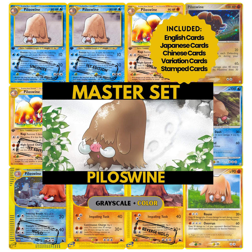 Piloswine binder pages set showing grayscale and color Pokémon cards, designed as a digital download to complete a collector’s binder.