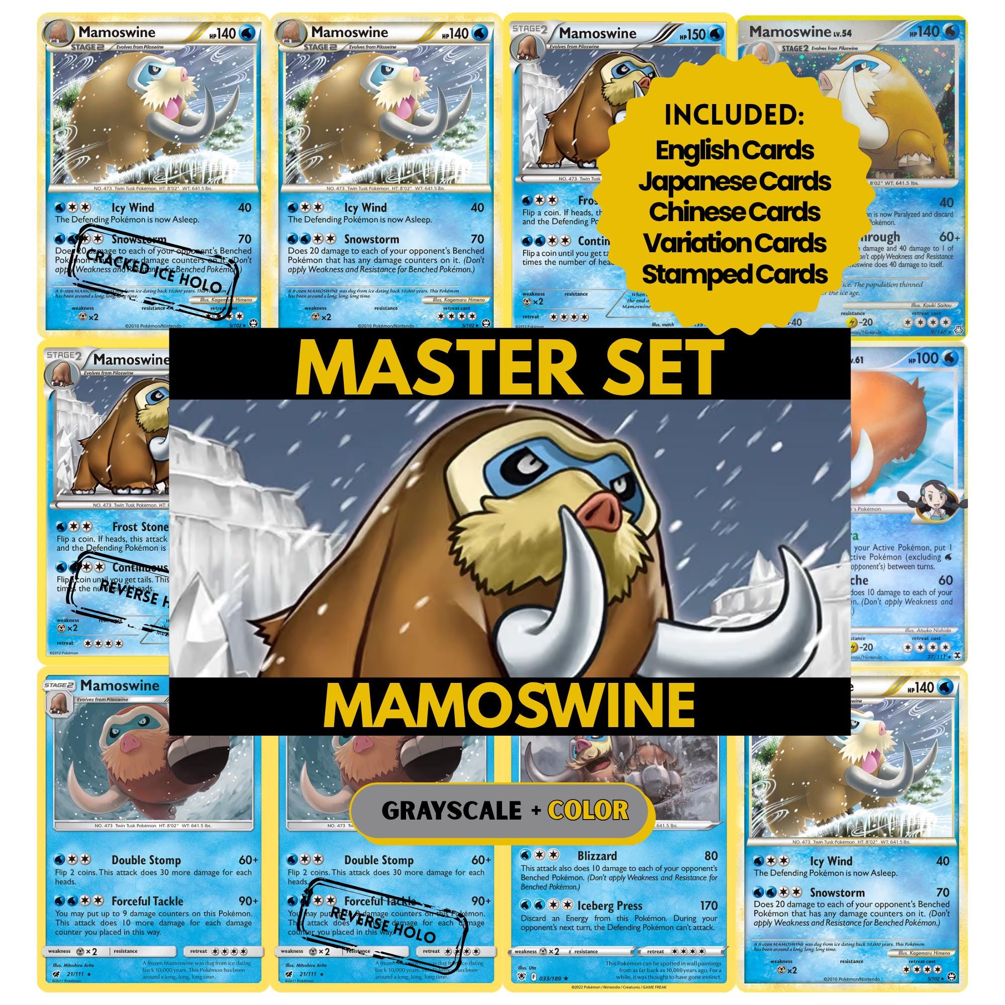 Mamoswine binder pages set showing grayscale and color Pokémon cards, designed as a digital download to complete a collector’s binder.