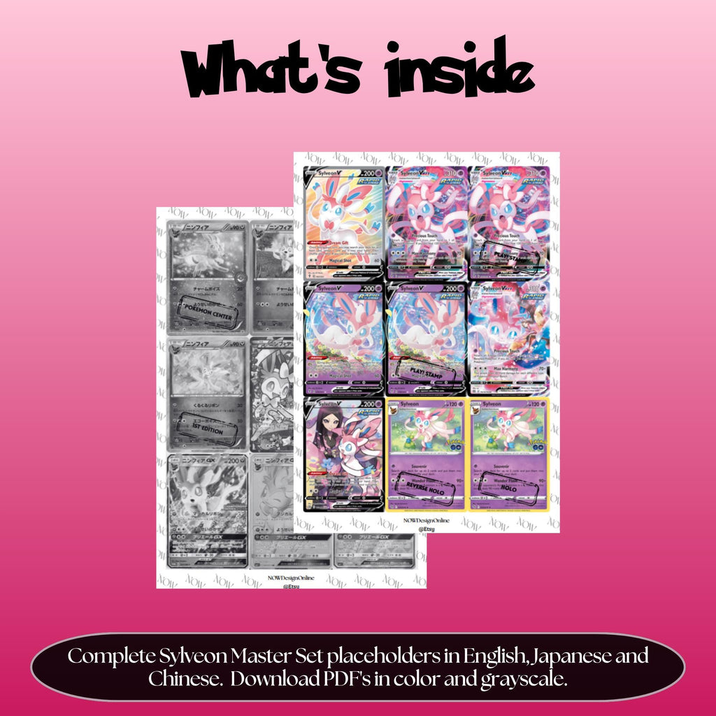 Sylveon binder pages set overview showing the included Pokémon cards to print and cut for your binder sleeves.