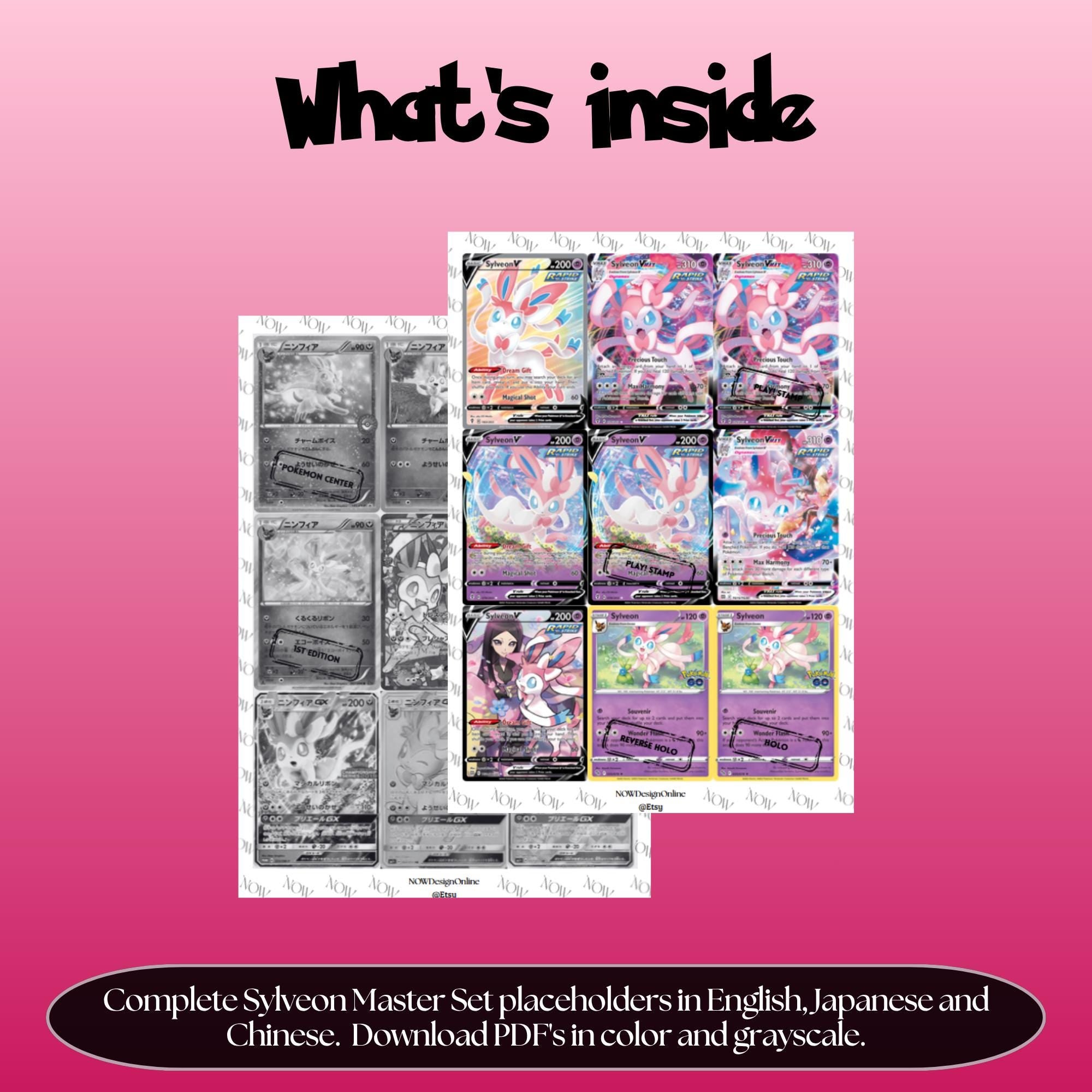 Sylveon binder pages set overview showing the included Pokémon cards to print and cut for your binder sleeves.