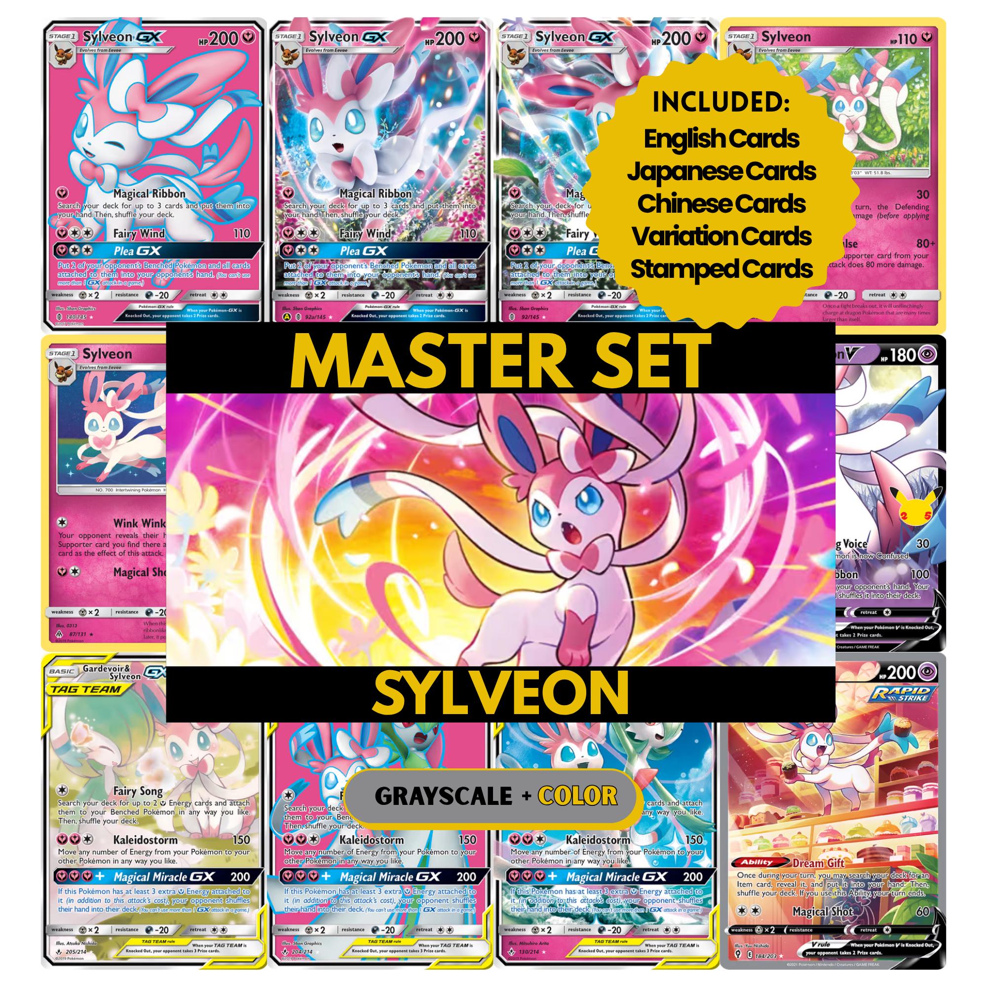 Sylveon binder pages set showing grayscale and color Pokémon cards, designed as a digital download to complete a collector’s binder