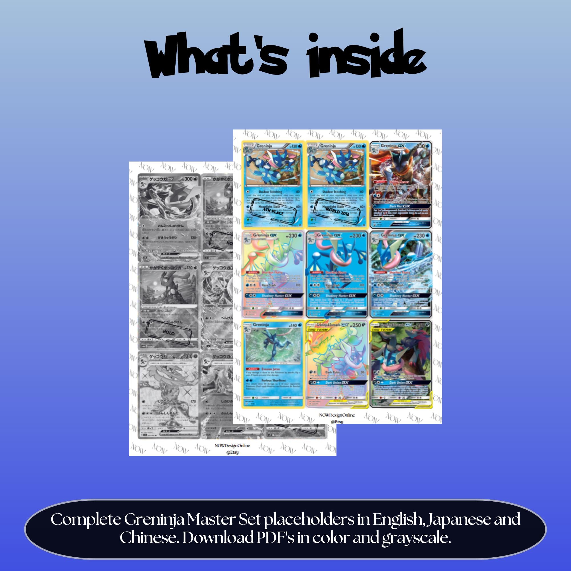 Greninja binder pages set overview showing the included Pokémon cards to print and cut for your binder sleeves.