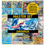 Greninja binder pages set showing grayscale and color Pokémon cards, designed as a digital download to complete a collector’s binder.