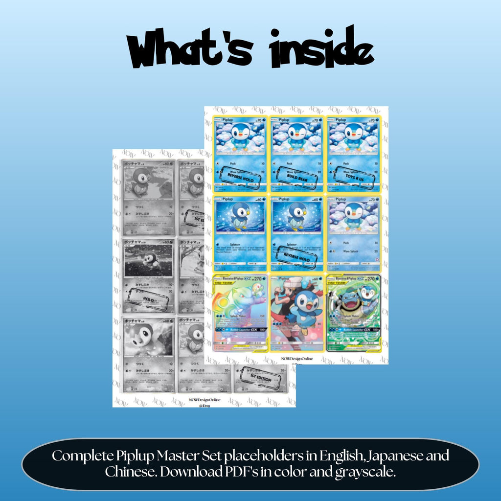 Piplup binder pages set overview showing the included Pokémon cards to print and cut for your binder sleeves.
