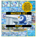 Piplup binder pages set showing grayscale and color Pokémon cards, designed as a digital download to complete a collector’s binder.