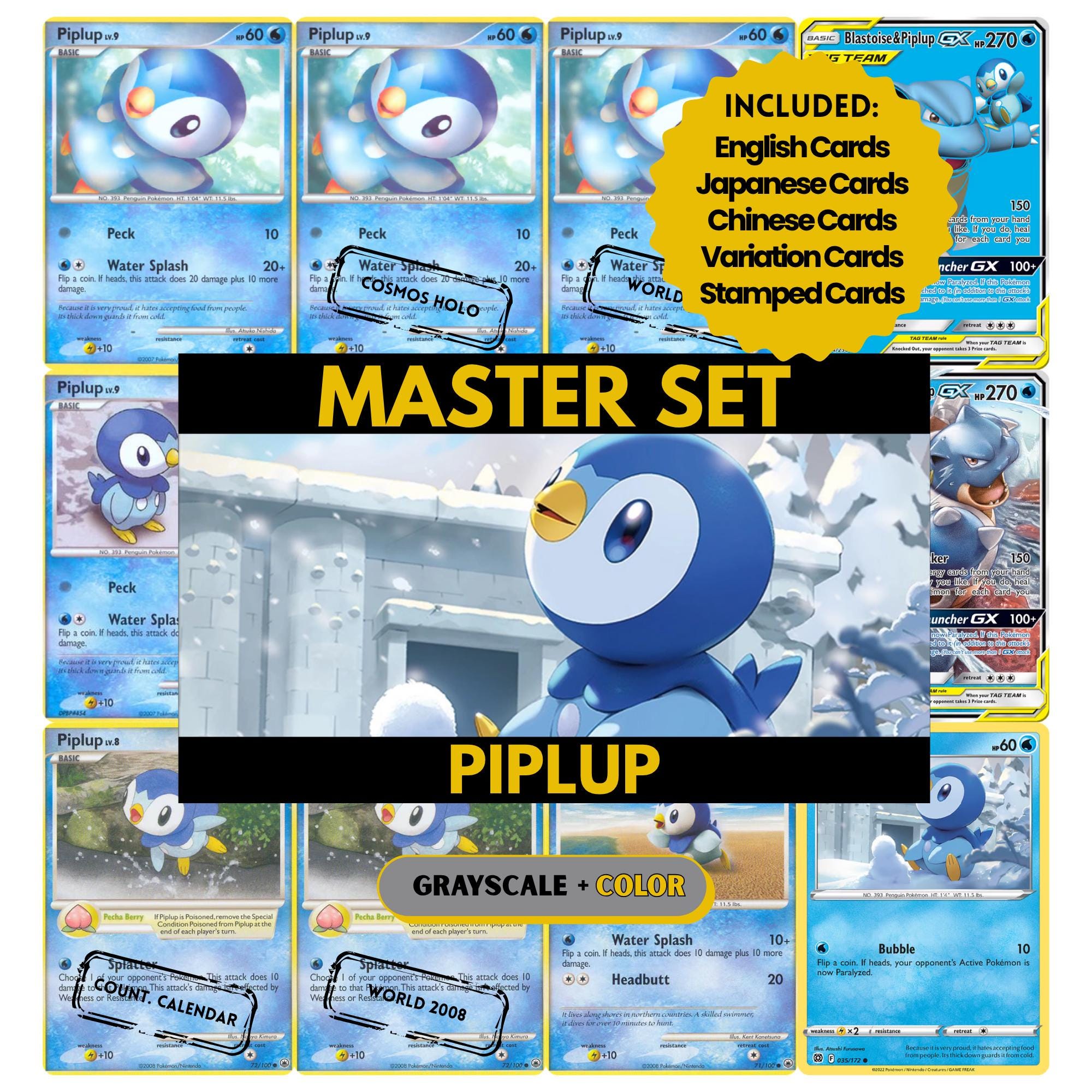 Piplup binder pages set showing grayscale and color Pokémon cards, designed as a digital download to complete a collector’s binder.