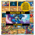 Lucario binder pages set showing grayscale and color Pokémon cards, designed as a digital download to complete a collector’s binder.