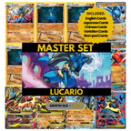 Lucario binder pages set showing grayscale and color Pokémon cards, designed as a digital download to complete a collector’s binder.