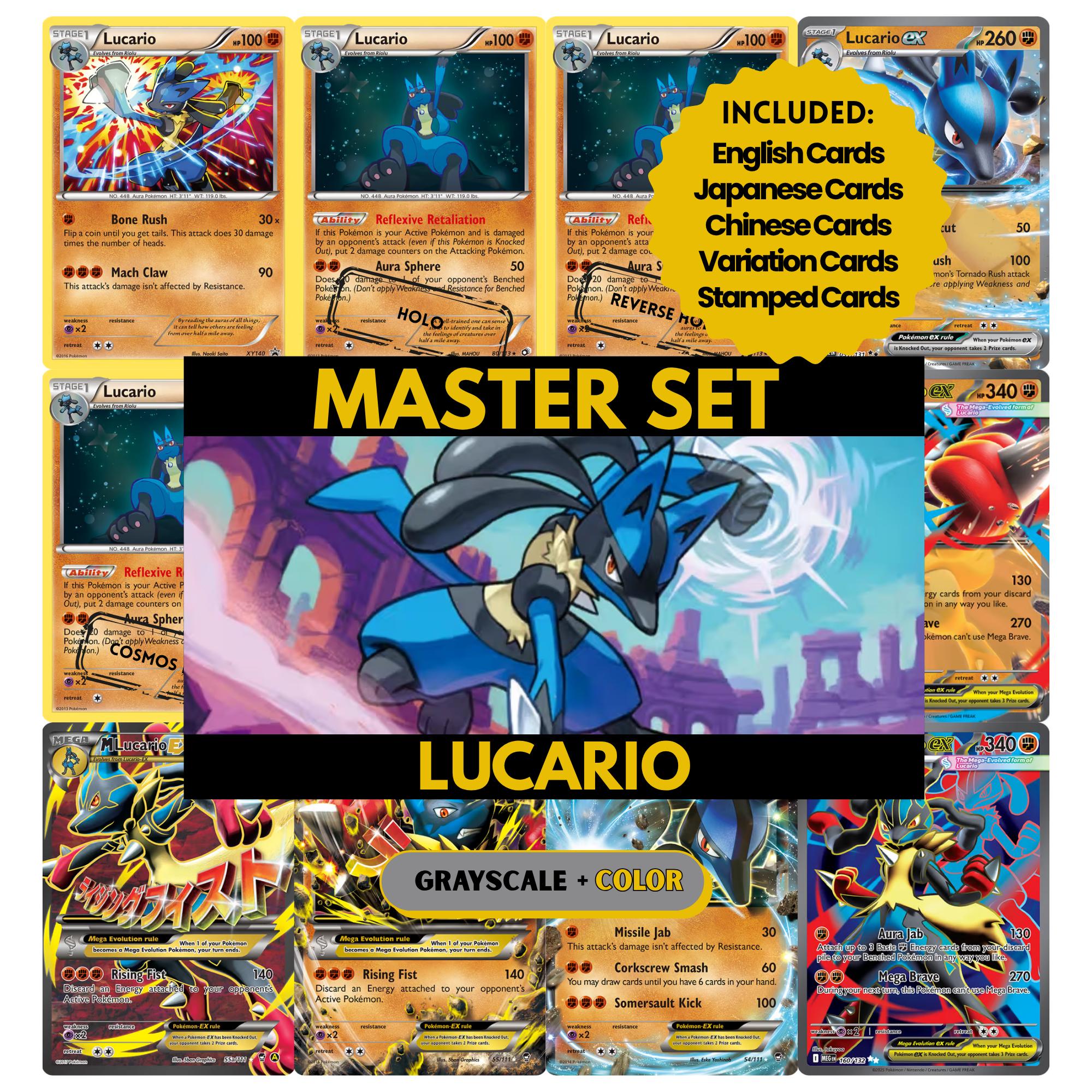 Lucario binder pages set showing grayscale and color Pokémon cards, designed as a digital download to complete a collector’s binder.