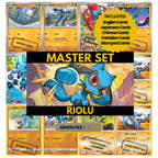 Riolu binder pages set showing grayscale and color Pokémon cards, designed as a digital download to complete a collector’s binder.