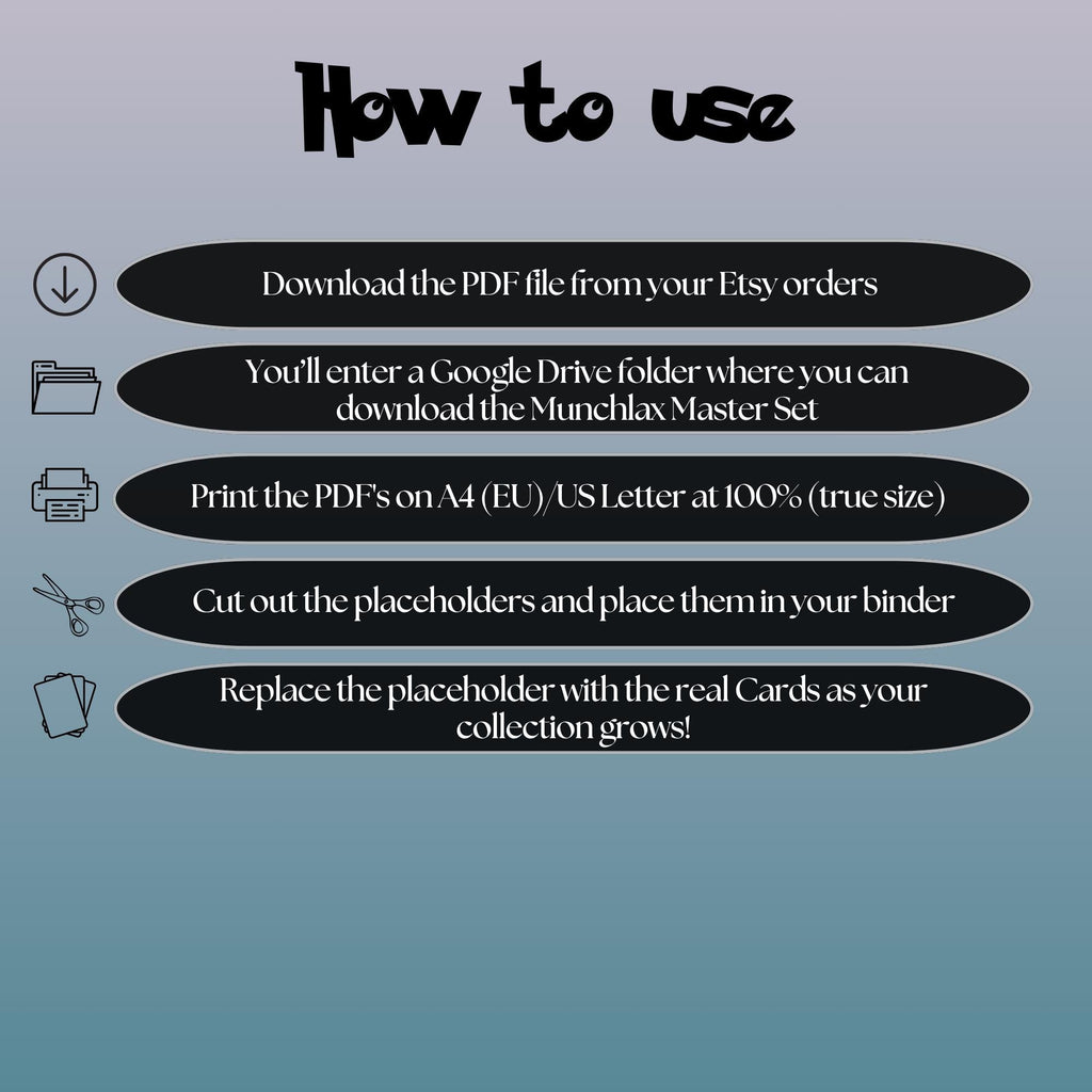 Munchlax cards digital download instructions explaining how to print, cut, and place placeholders in a Pokémon binder.