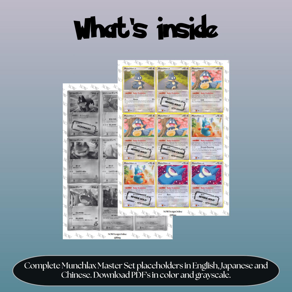 Munchlax binder pages set overview showing the included Pokémon cards to print and cut for your binder sleeves.