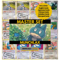 Munchlax binder pages set showing grayscale and color Pokémon cards, designed as a digital download to complete a collector’s binder.