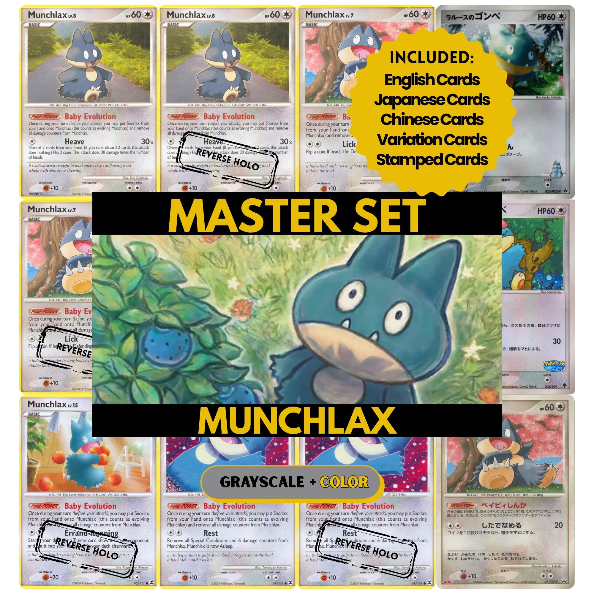 Munchlax binder pages set showing grayscale and color Pokémon cards, designed as a digital download to complete a collector’s binder.