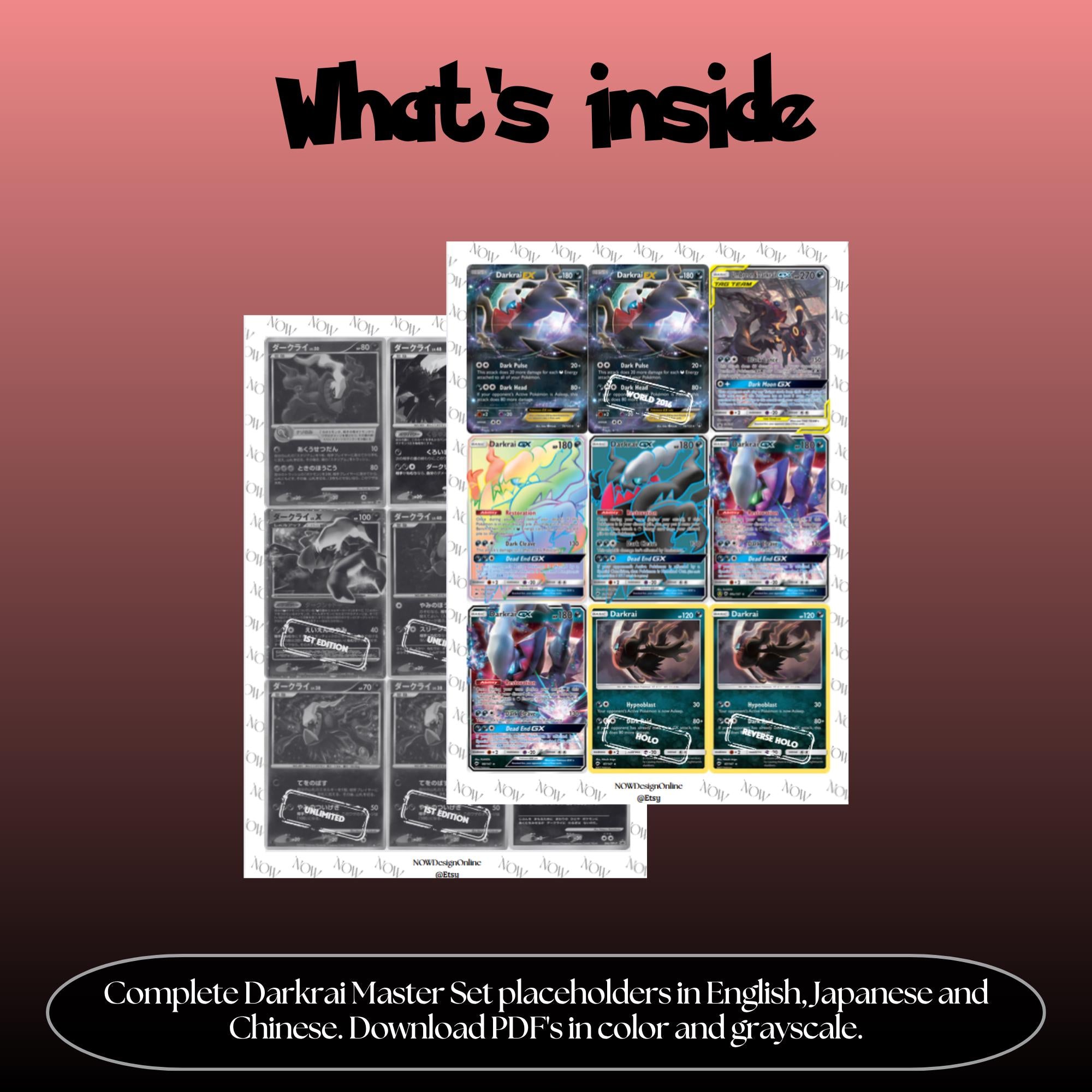 Darkrai Binder Cards set overview showing the included Pokémon cards to print and cut for your binder sleeves.