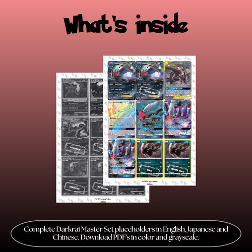 Darkrai Binder Cards set overview showing the included Pokémon cards to print and cut for your binder sleeves.