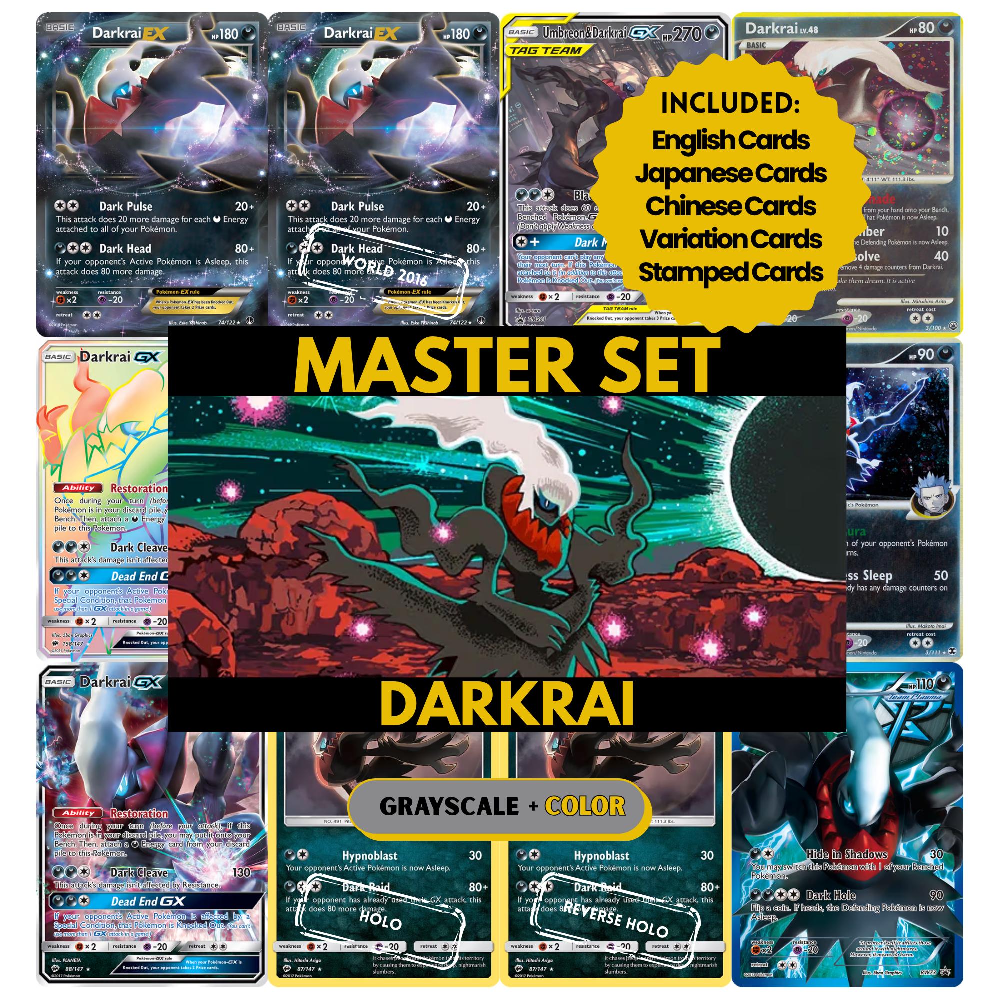 Darkrai master set binder page showing grayscale and color Pokémon cards, designed as a digital download to complete a collector’s binder.
