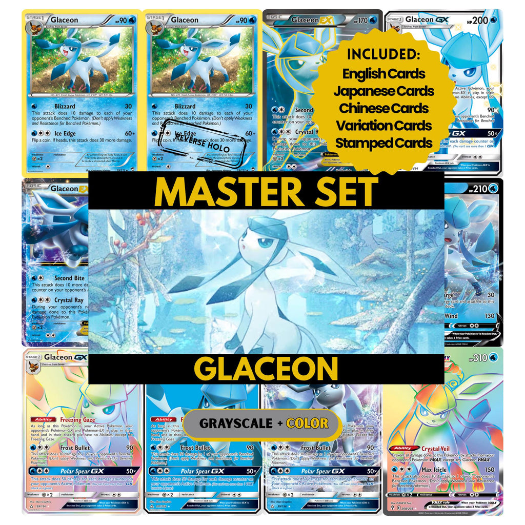 Glaceon binder pages set showing grayscale and color Pokémon cards, designed as a digital download to complete a collector’s binder.