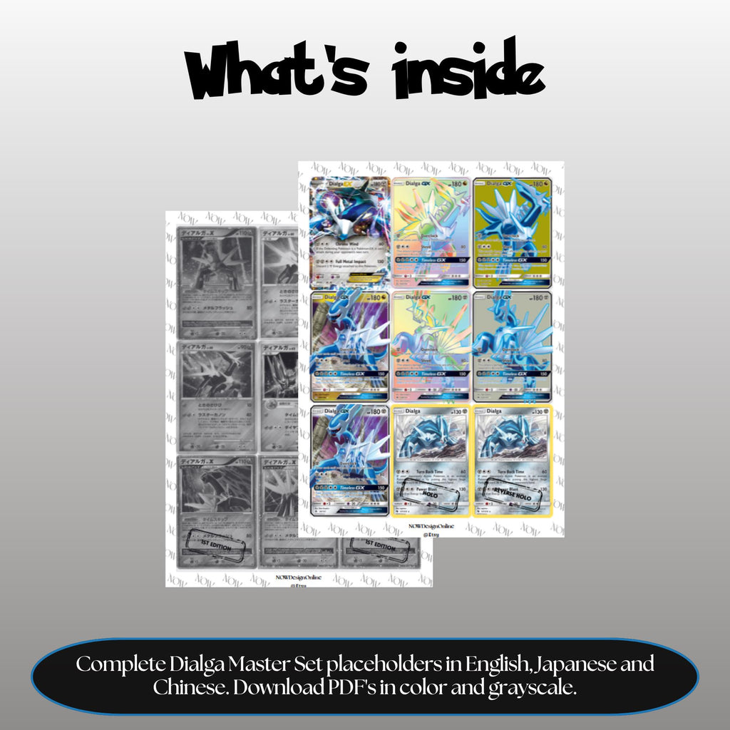 Dialga binder pages set overview showing the included Pokémon cards to print and cut for your binder sleeves.