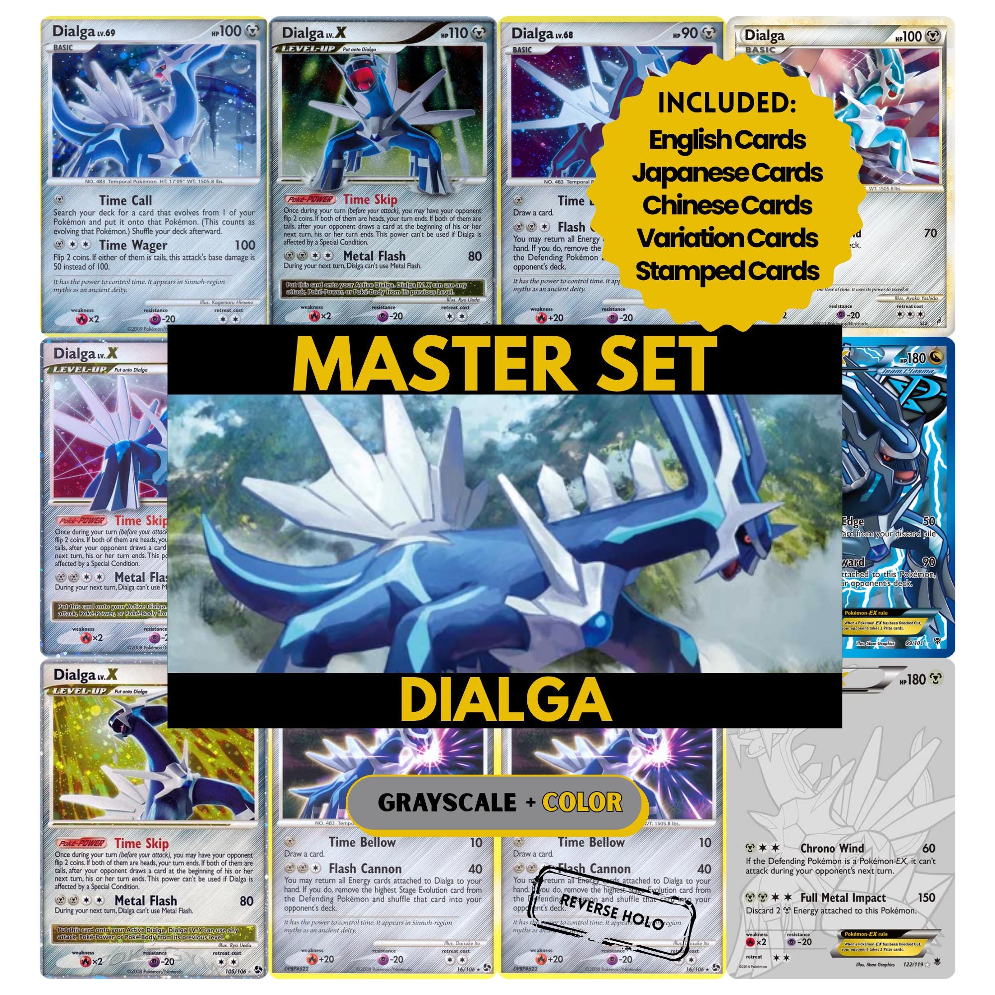 Dialga binder pages set showing grayscale and color Pokémon cards, designed as a digital download to complete a collector’s binder.