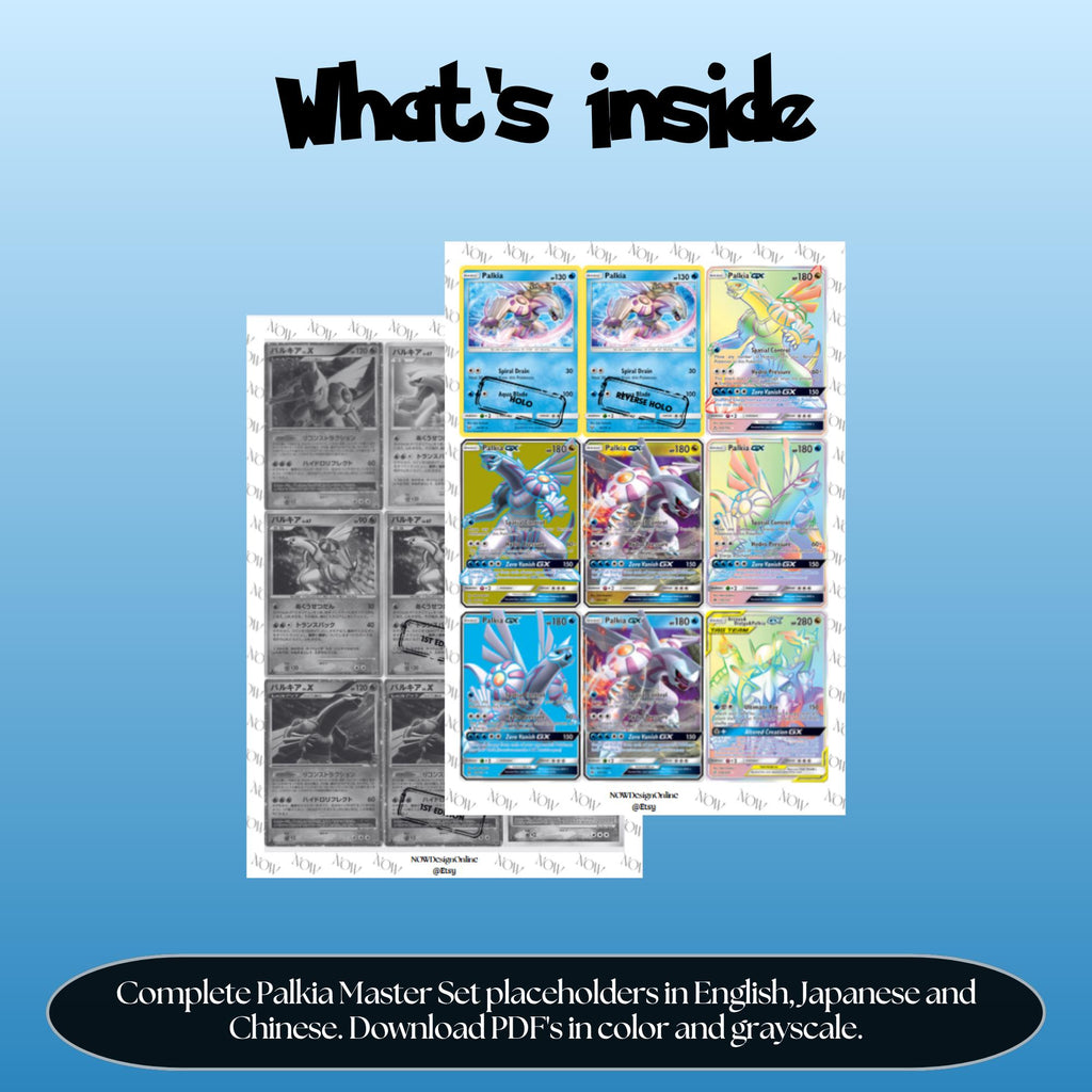 Palkia binder pages set overview showing the included Pokémon cards to print and cut for your binder sleeves.