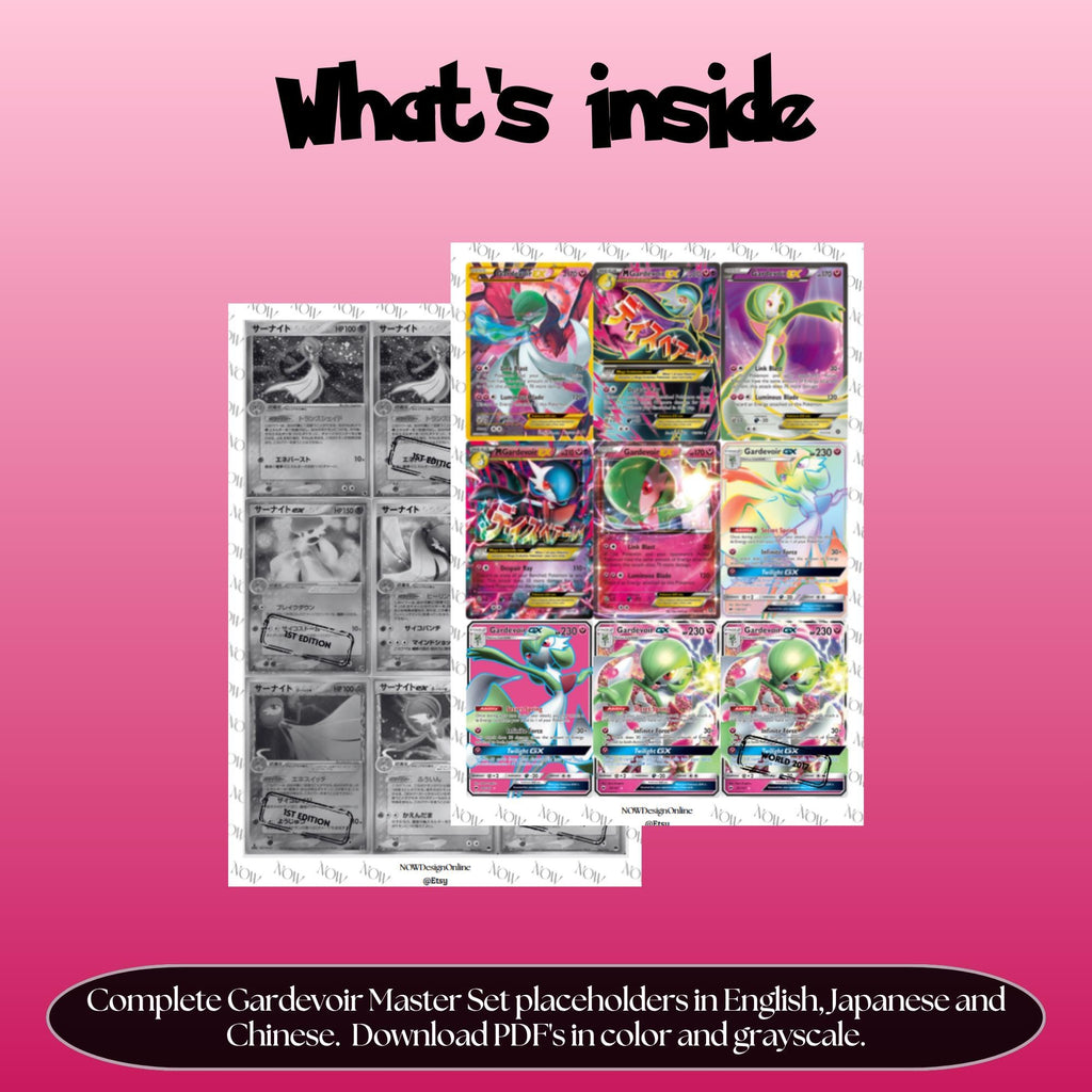 Gardevoir binder pages set overview showing the included Pokémon cards to print and cut for your binder sleeves.