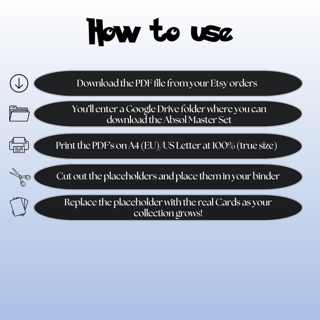 Absol cards digital download instructions explaining how to print, cut, and place placeholders in a Pokémon binder.
