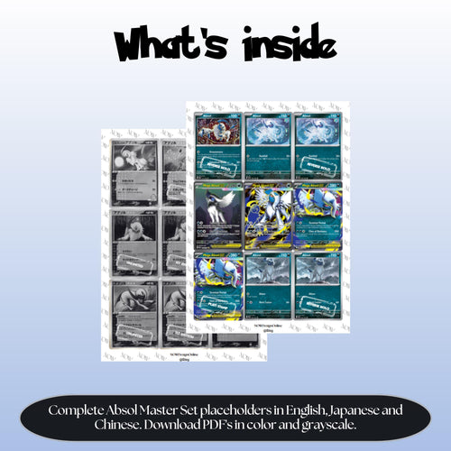 Absol Binder Cards set overview showing the included Pokémon cards to print and cut for your binder sleeves.