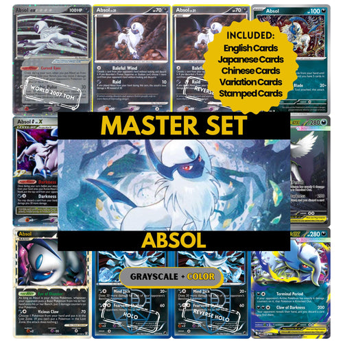 Absol master set binder page showing grayscale and color Pokémon cards, designed as a digital download to complete a collector’s binder.