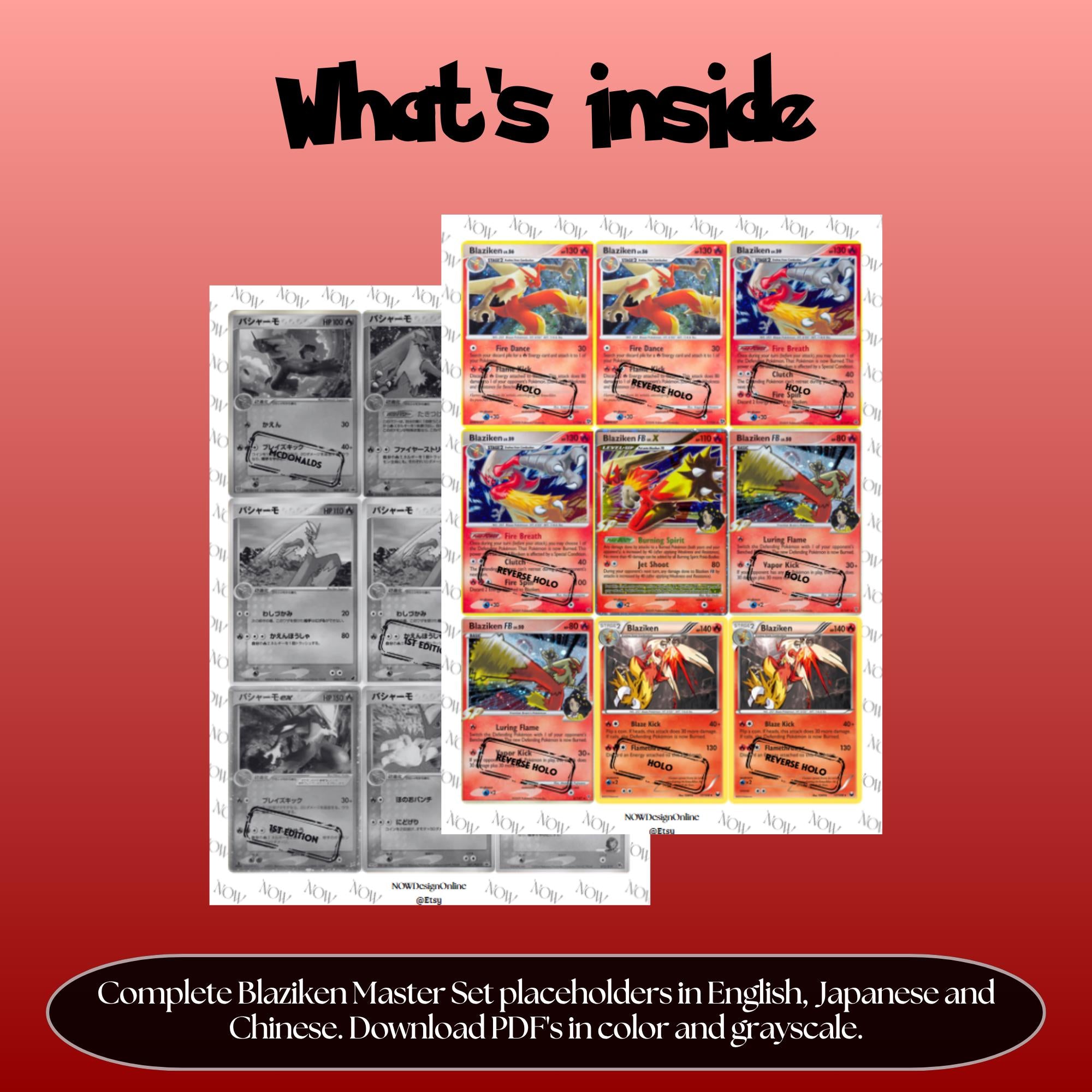 Blaziken binder pages set overview showing the included Pokémon cards to print and cut for your binder sleeves.