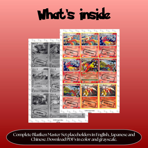 Blaziken binder pages set overview showing the included Pokémon cards to print and cut for your binder sleeves.